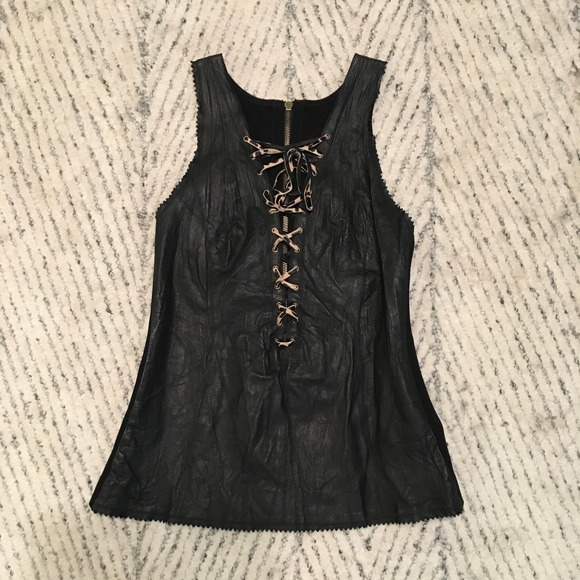 Illia Tops - Illia Black Leather Lace Up Corset Tank Top Vest Back Zip Size 4